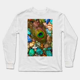 Peacock Feather On Polished Colored Stones Long Sleeve T-Shirt